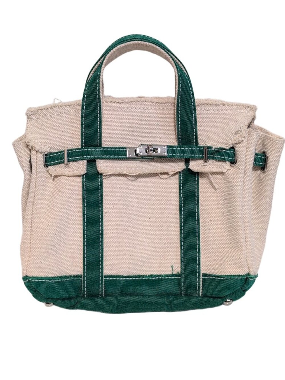 NEW Sunwin Boatkin Mini Canvas Cream Green Birkin Style Tote Bag Hermes Viral